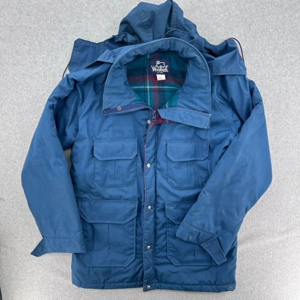 Vintage Woolrich Coat Mens Medium Blue Down Chore Plaid Blanket Lined USA